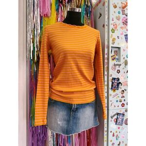 Esprit Orange Pink Striped Ribbed Long Sleeve Top with Lettuce Edge